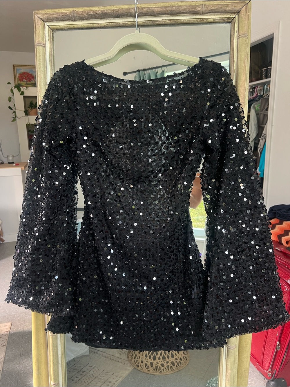 PEPPERMAYO Black Sequin Bell Sleeve Mini Dress